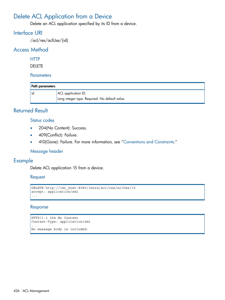 Delete acl application from a device, Interface uri, Access method | Returned result, Example | HP Intelligent Management Center Licenses User Manual | Page 426 / 438