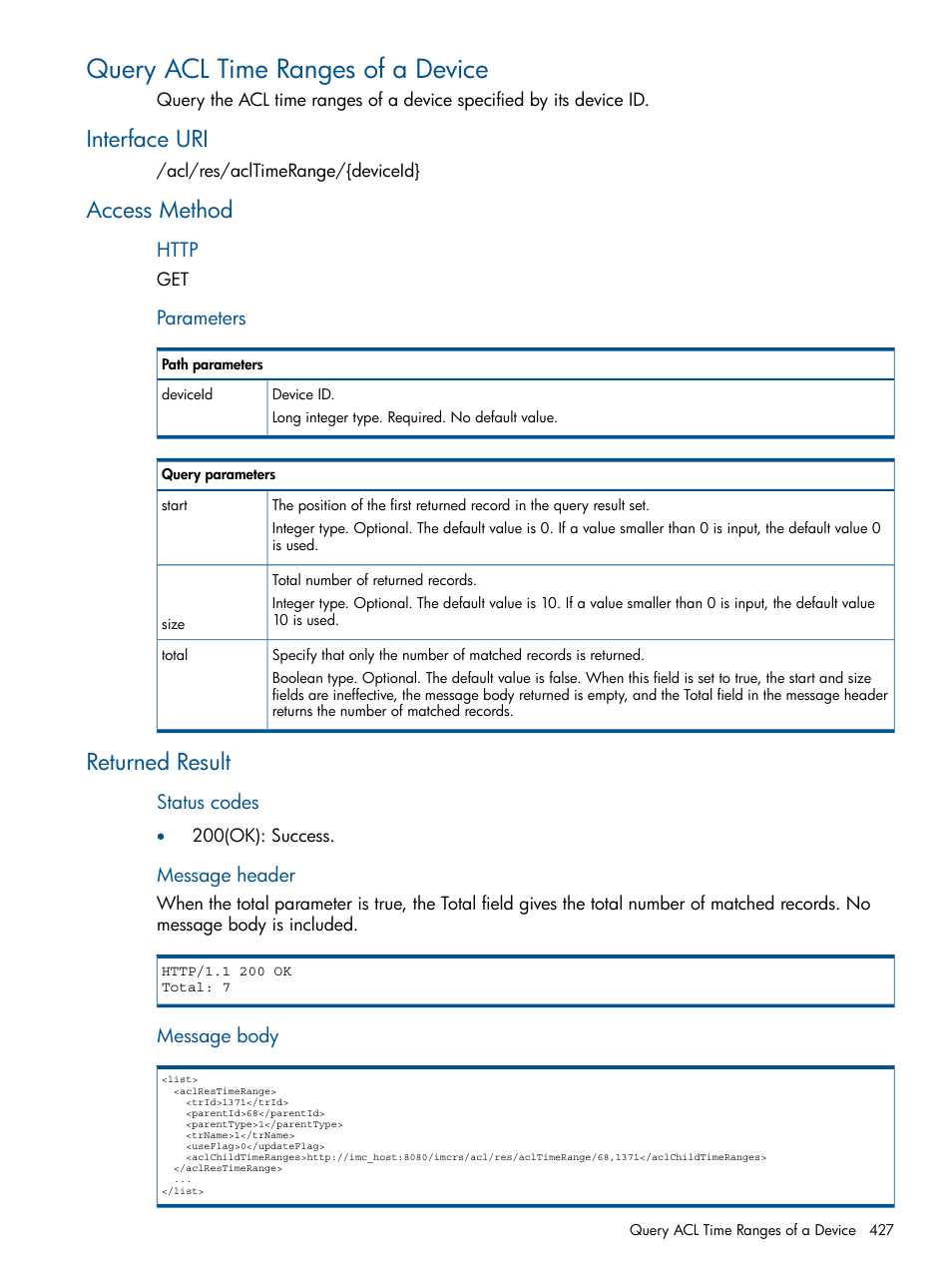 Query acl time ranges of a device, Interface uri, Access method | Returned result, Interface uri access method returned result | HP Intelligent Management Center Licenses User Manual | Page 427 / 438