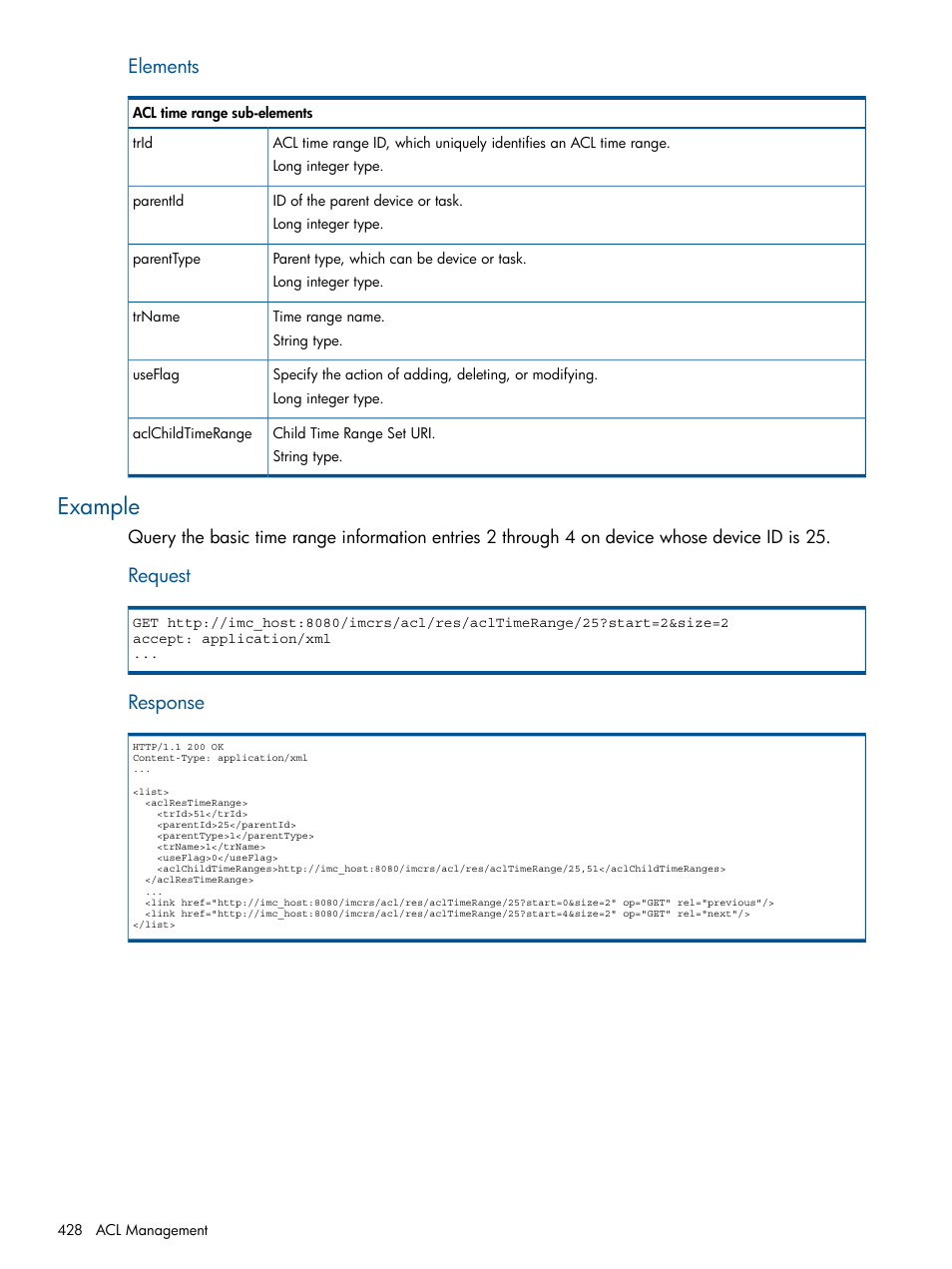 Example, Elements, Request | Response | HP Intelligent Management Center Licenses User Manual | Page 428 / 438