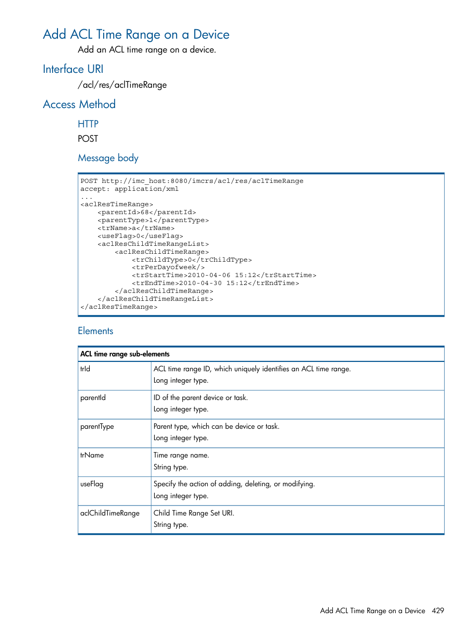 Add acl time range on a device, Interface uri, Access method | HP Intelligent Management Center Licenses User Manual | Page 429 / 438