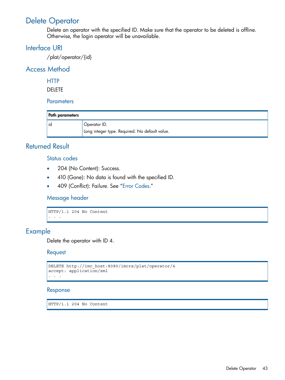 Delete operator, Interface uri, Access method | Returned result, Example | HP Intelligent Management Center Licenses User Manual | Page 43 / 438