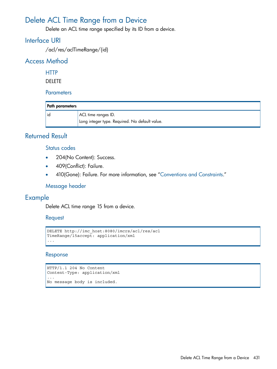 Delete acl time range from a device, Interface uri, Access method | Returned result, Example | HP Intelligent Management Center Licenses User Manual | Page 431 / 438