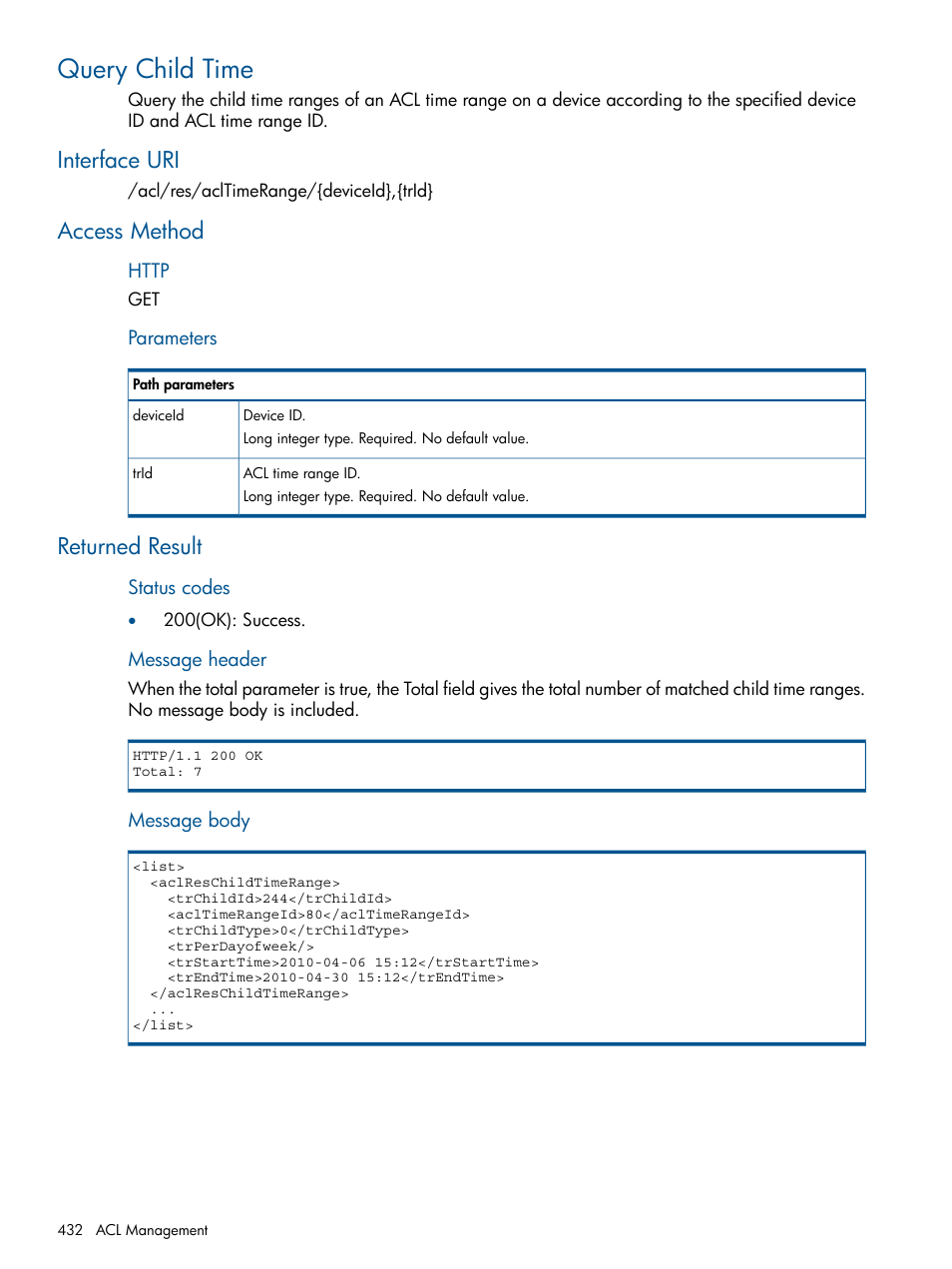 Query child time, Interface uri, Access method | Returned result, Interface uri access method returned result | HP Intelligent Management Center Licenses User Manual | Page 432 / 438