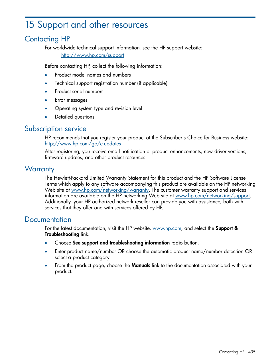 15 support and other resources, Contacting hp, Subscription service | Warranty, Documentation | HP Intelligent Management Center Licenses User Manual | Page 435 / 438