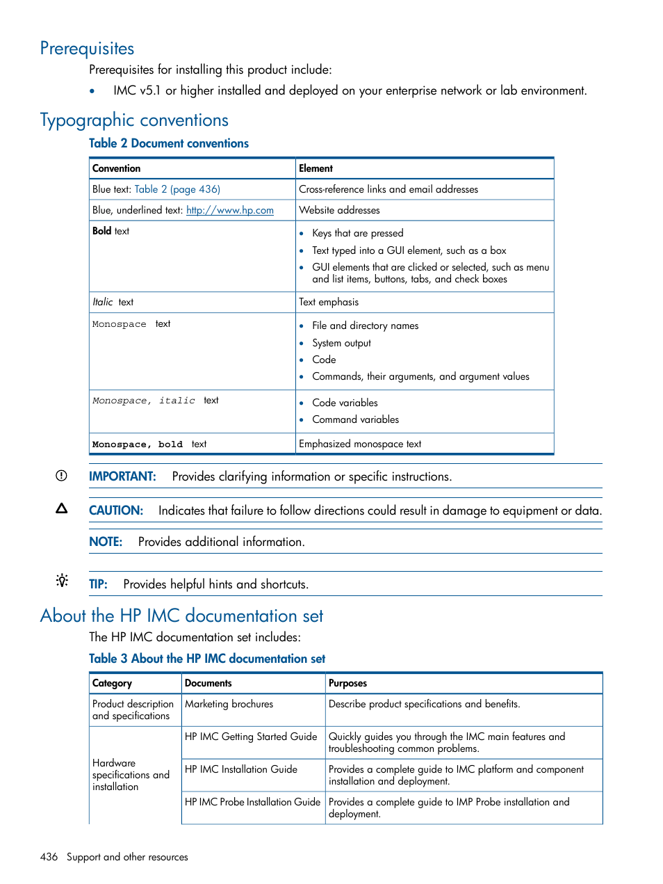 Prerequisites, Typographic conventions, About the hp imc documentation set | HP Intelligent Management Center Licenses User Manual | Page 436 / 438