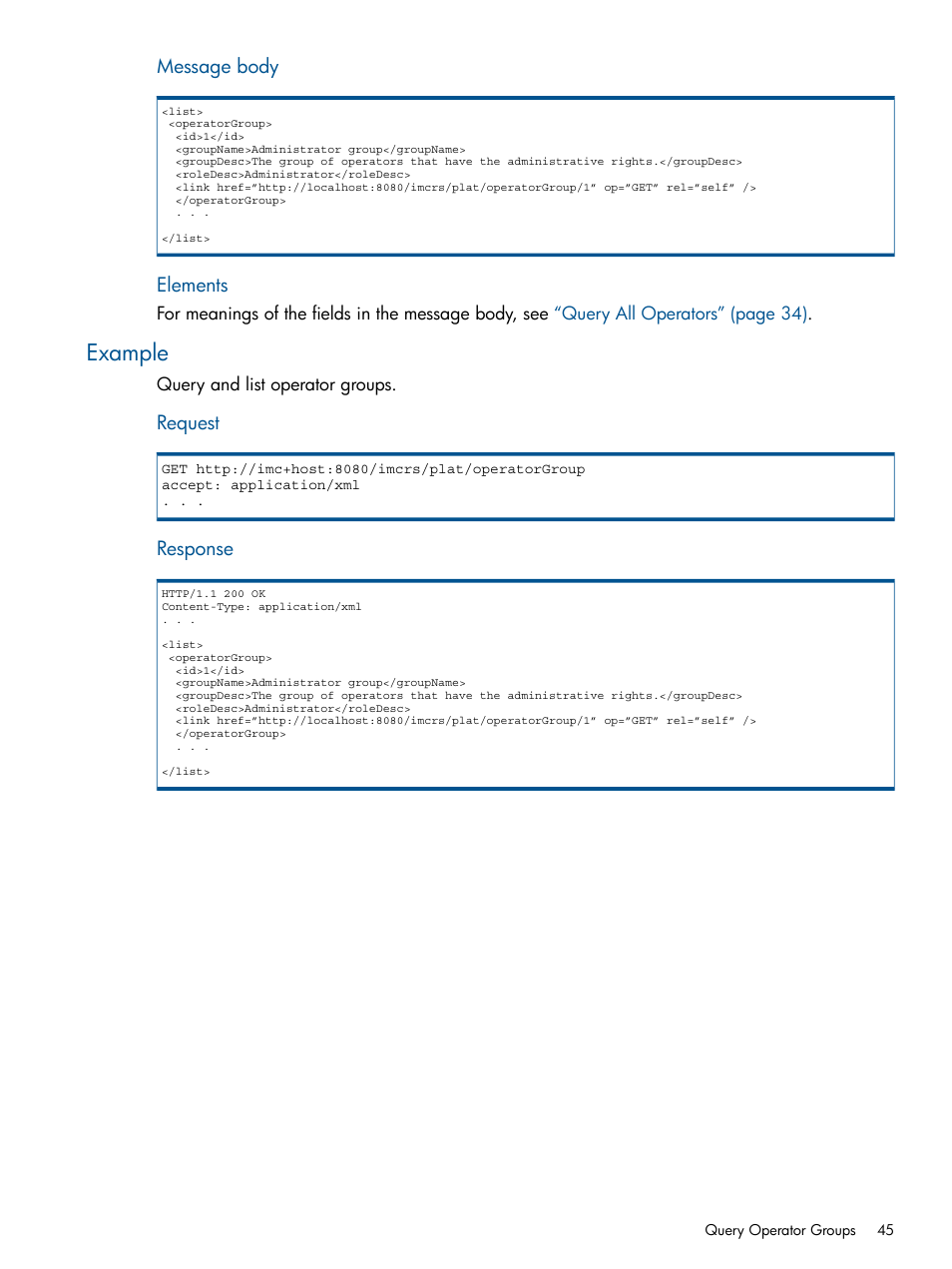 Example, Message body, Elements | Request, Response | HP Intelligent Management Center Licenses User Manual | Page 45 / 438