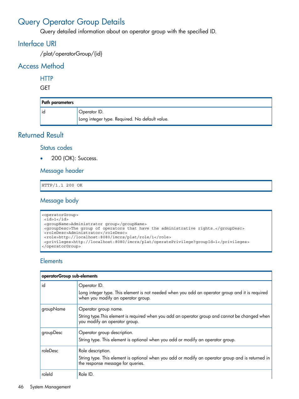 Query operator group details, Interface uri, Access method | Returned result, Interface uri access method returned result | HP Intelligent Management Center Licenses User Manual | Page 46 / 438