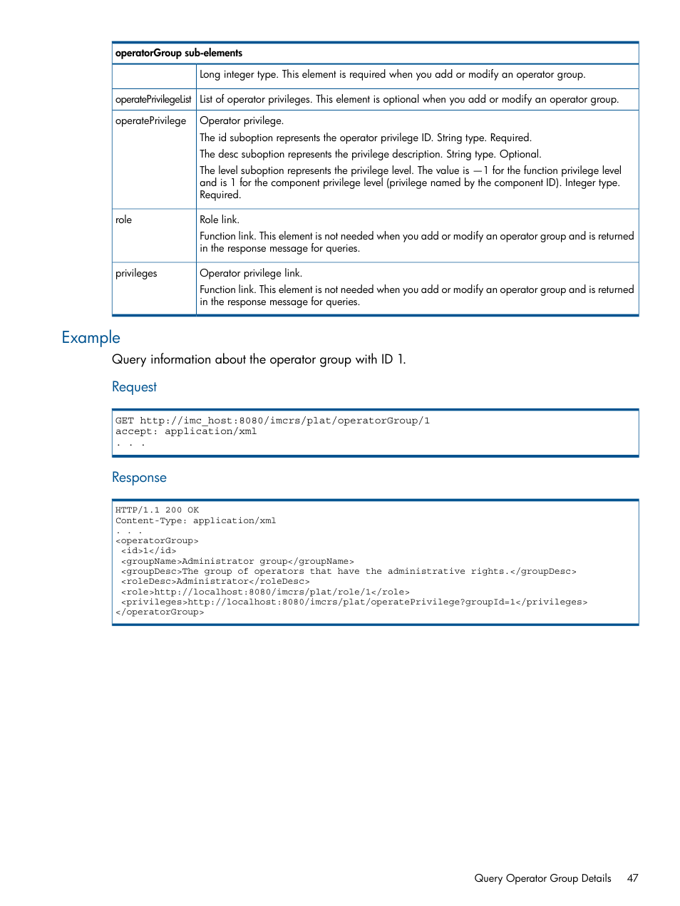 Example, Request, Response | HP Intelligent Management Center Licenses User Manual | Page 47 / 438