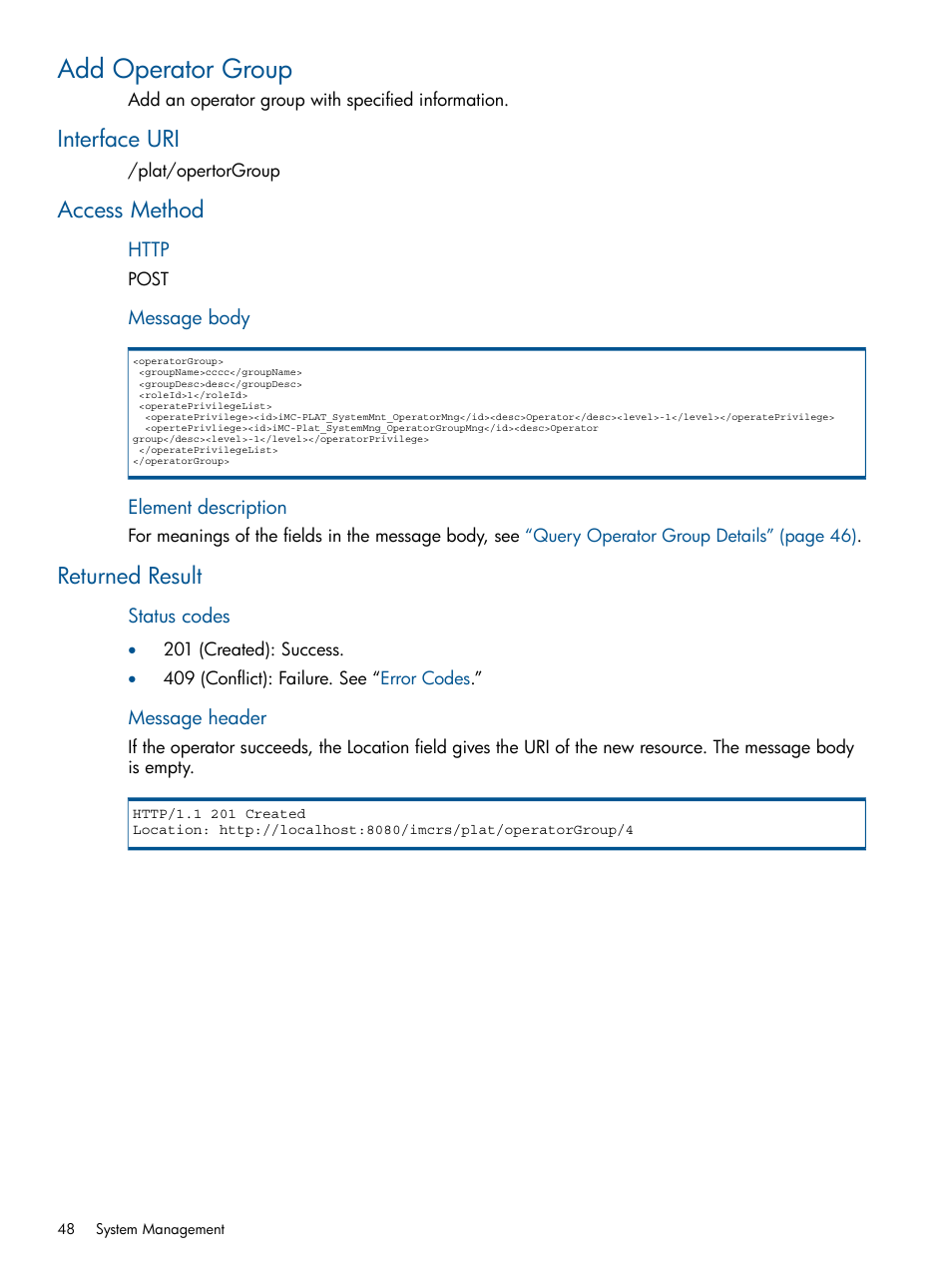 Add operator group, Interface uri, Access method | Returned result, Interface uri access method returned result | HP Intelligent Management Center Licenses User Manual | Page 48 / 438