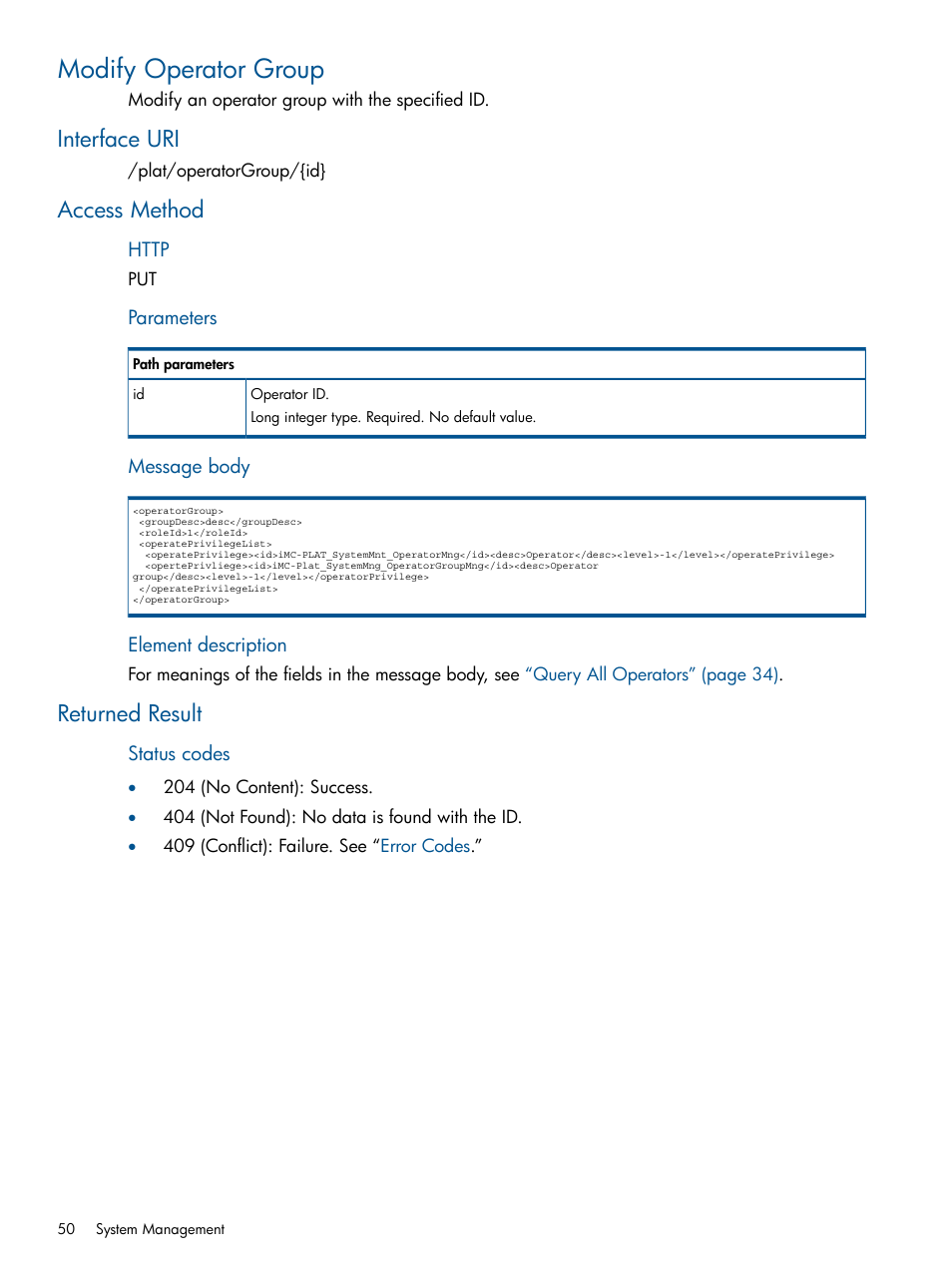 Modify operator group, Interface uri, Access method | Returned result, Interface uri access method returned result | HP Intelligent Management Center Licenses User Manual | Page 50 / 438