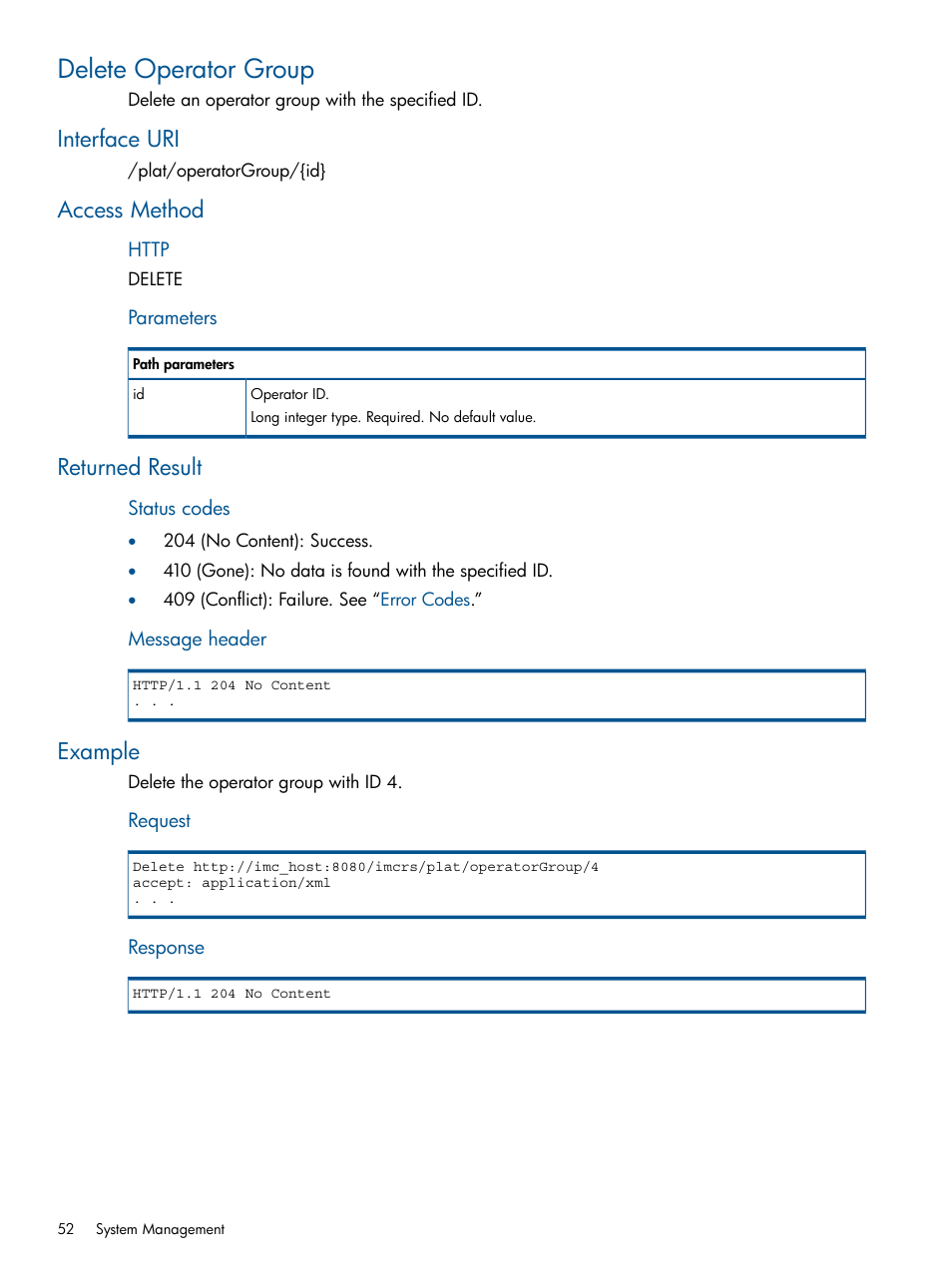 Delete operator group, Interface uri, Access method | Returned result, Example | HP Intelligent Management Center Licenses User Manual | Page 52 / 438