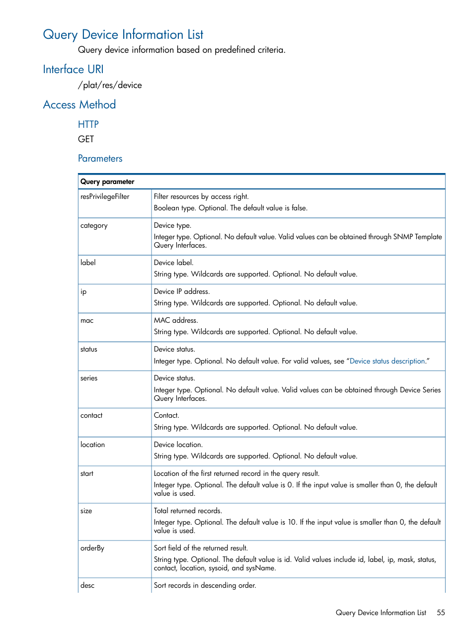 Query device information list, Interface uri, Access method | Interface uri access method, Parameters | HP Intelligent Management Center Licenses User Manual | Page 55 / 438