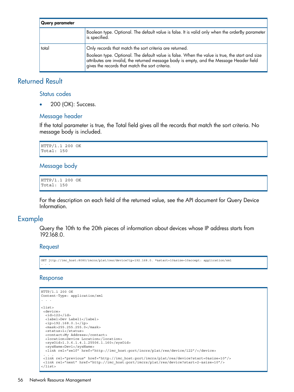 Returned result, Example, Returned result example | HP Intelligent Management Center Licenses User Manual | Page 56 / 438