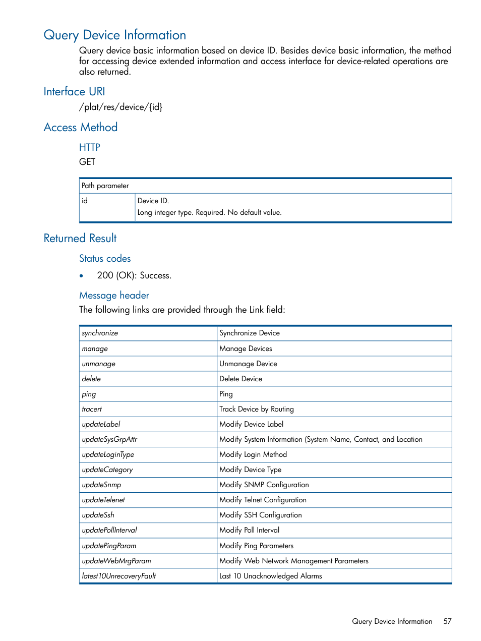 Query device information, Interface uri, Access method | Returned result, Interface uri access method returned result, Status codes, Message header | HP Intelligent Management Center Licenses User Manual | Page 57 / 438