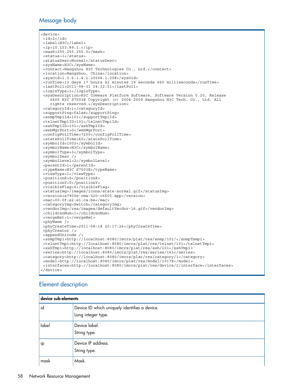 Message body, Element description | HP Intelligent Management Center Licenses User Manual | Page 58 / 438