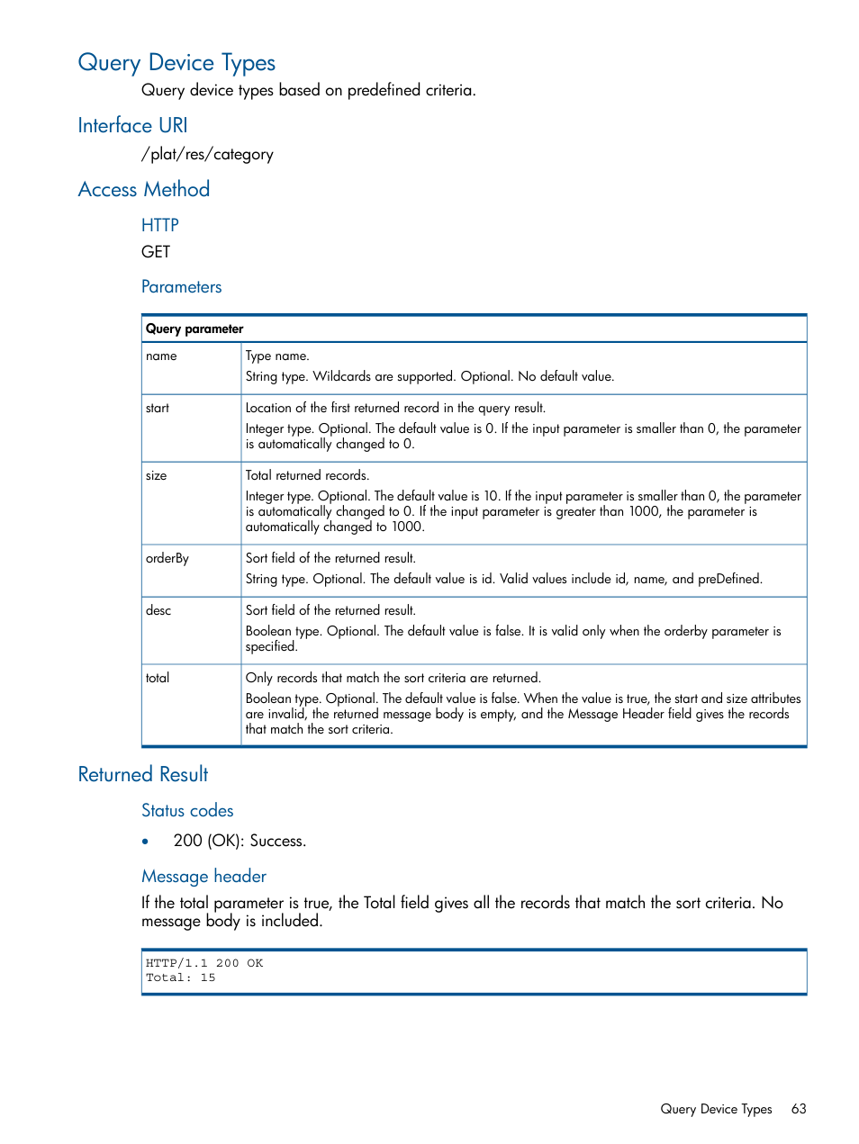 Query device types, Interface uri, Access method | Returned result, Interface uri access method returned result | HP Intelligent Management Center Licenses User Manual | Page 63 / 438