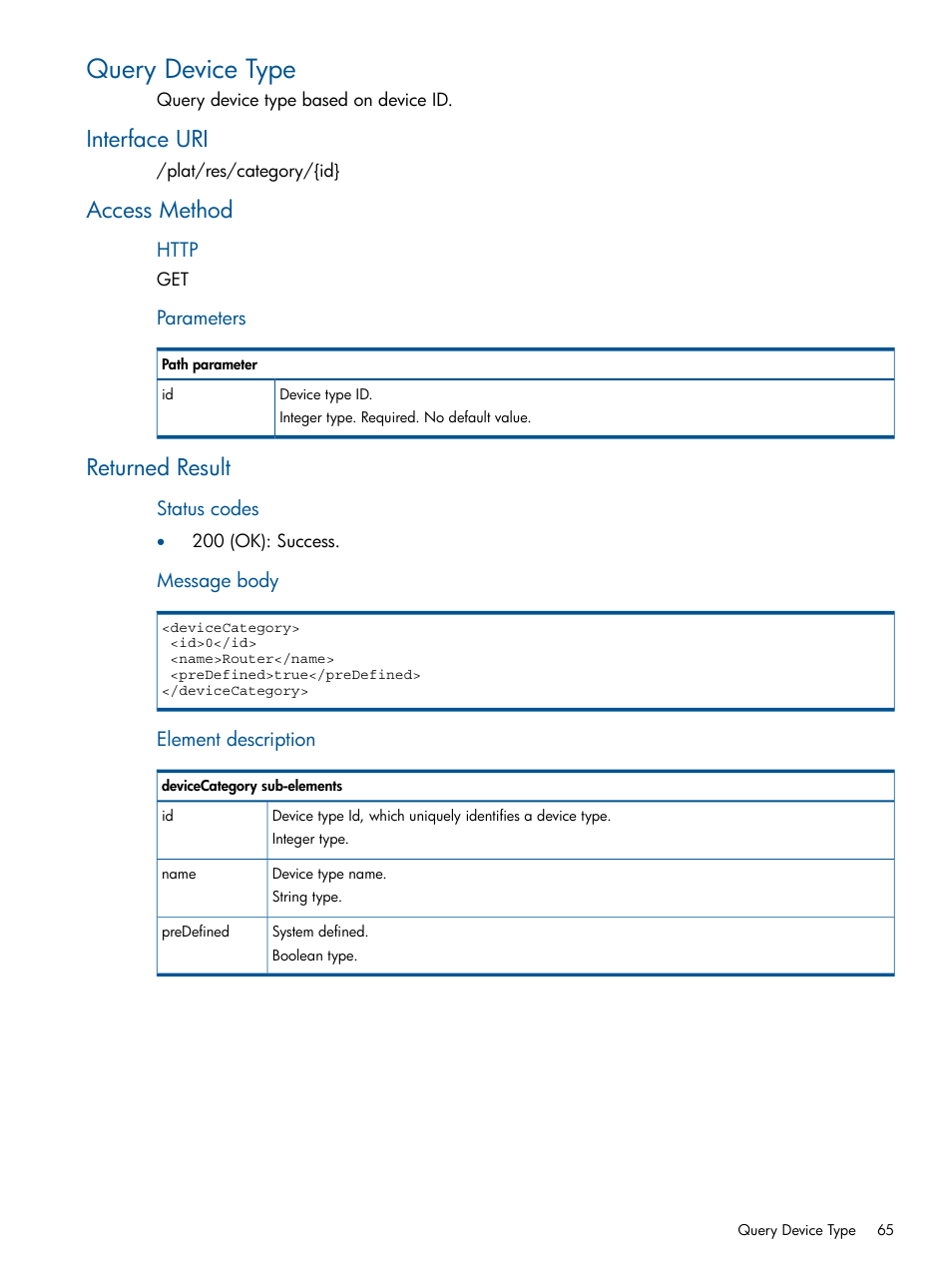 Query device type, Interface uri, Access method | Returned result, Access method returned result | HP Intelligent Management Center Licenses User Manual | Page 65 / 438