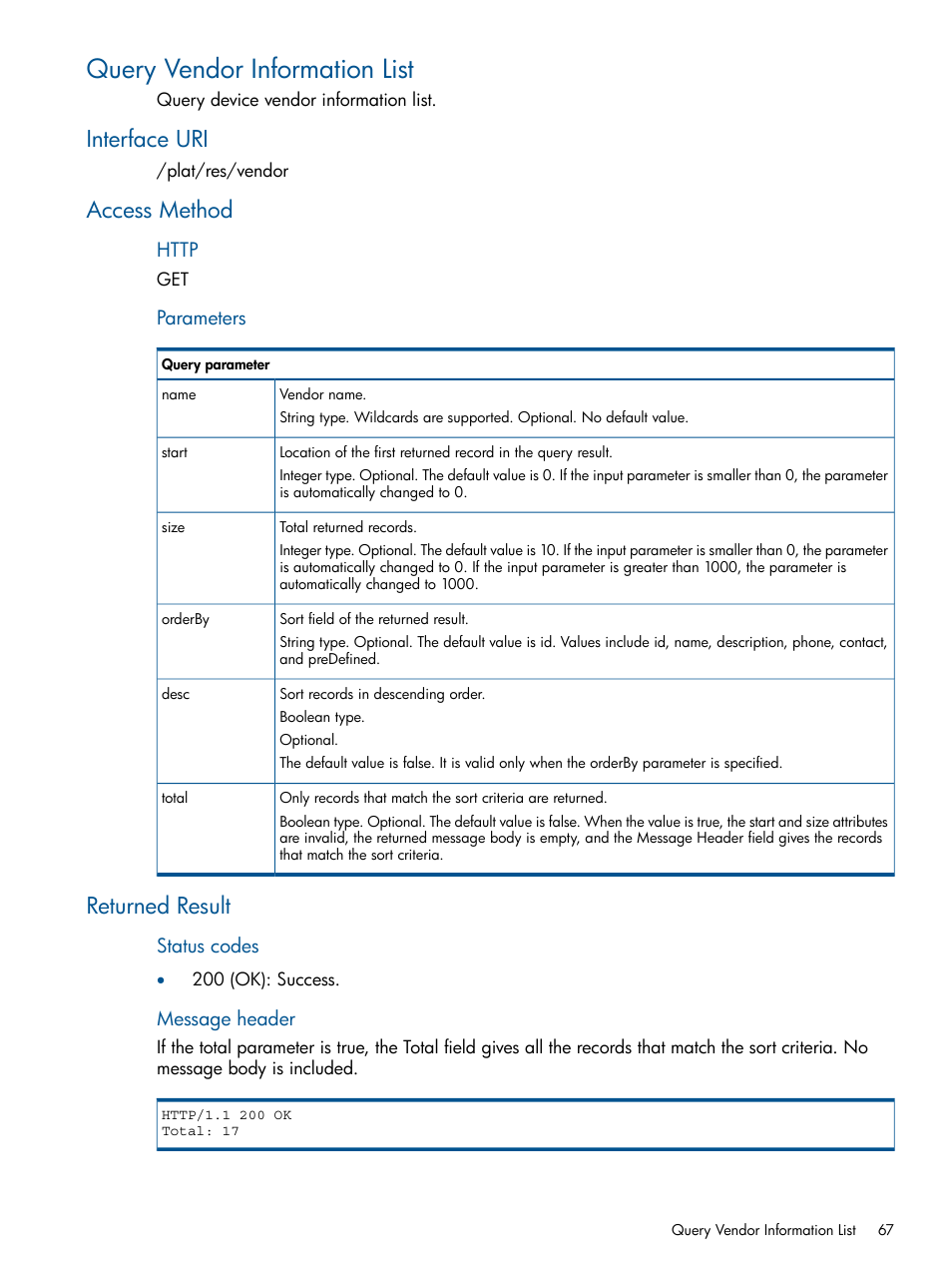 Query vendor information list, Interface uri, Access method | Returned result, Interface uri access method returned result | HP Intelligent Management Center Licenses User Manual | Page 67 / 438