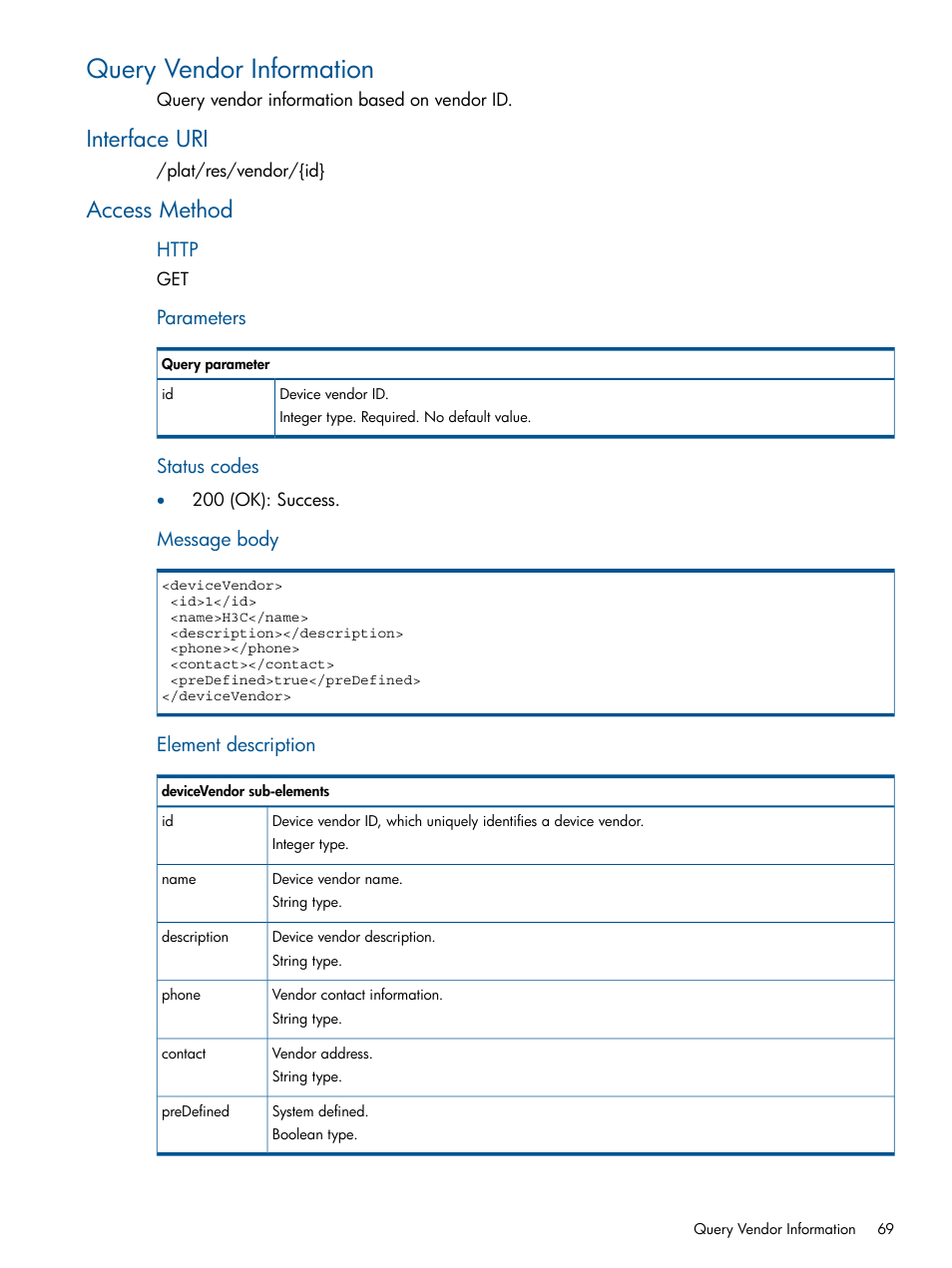 Query vendor information, Interface uri, Access method | Interface uri access method | HP Intelligent Management Center Licenses User Manual | Page 69 / 438