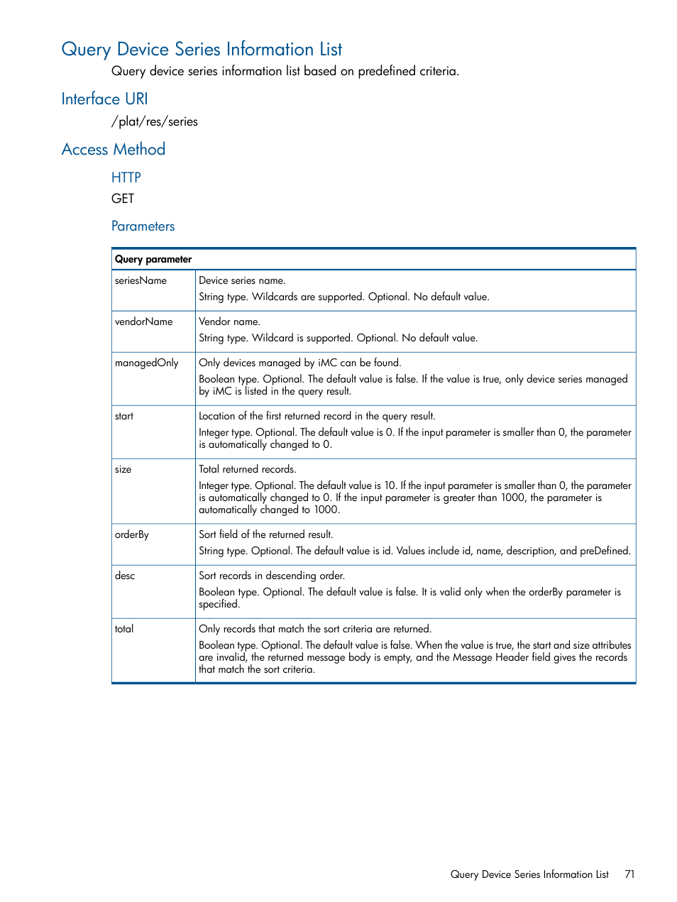 Query device series information list, Interface uri, Access method | Interface uri access method, Parameters | HP Intelligent Management Center Licenses User Manual | Page 71 / 438