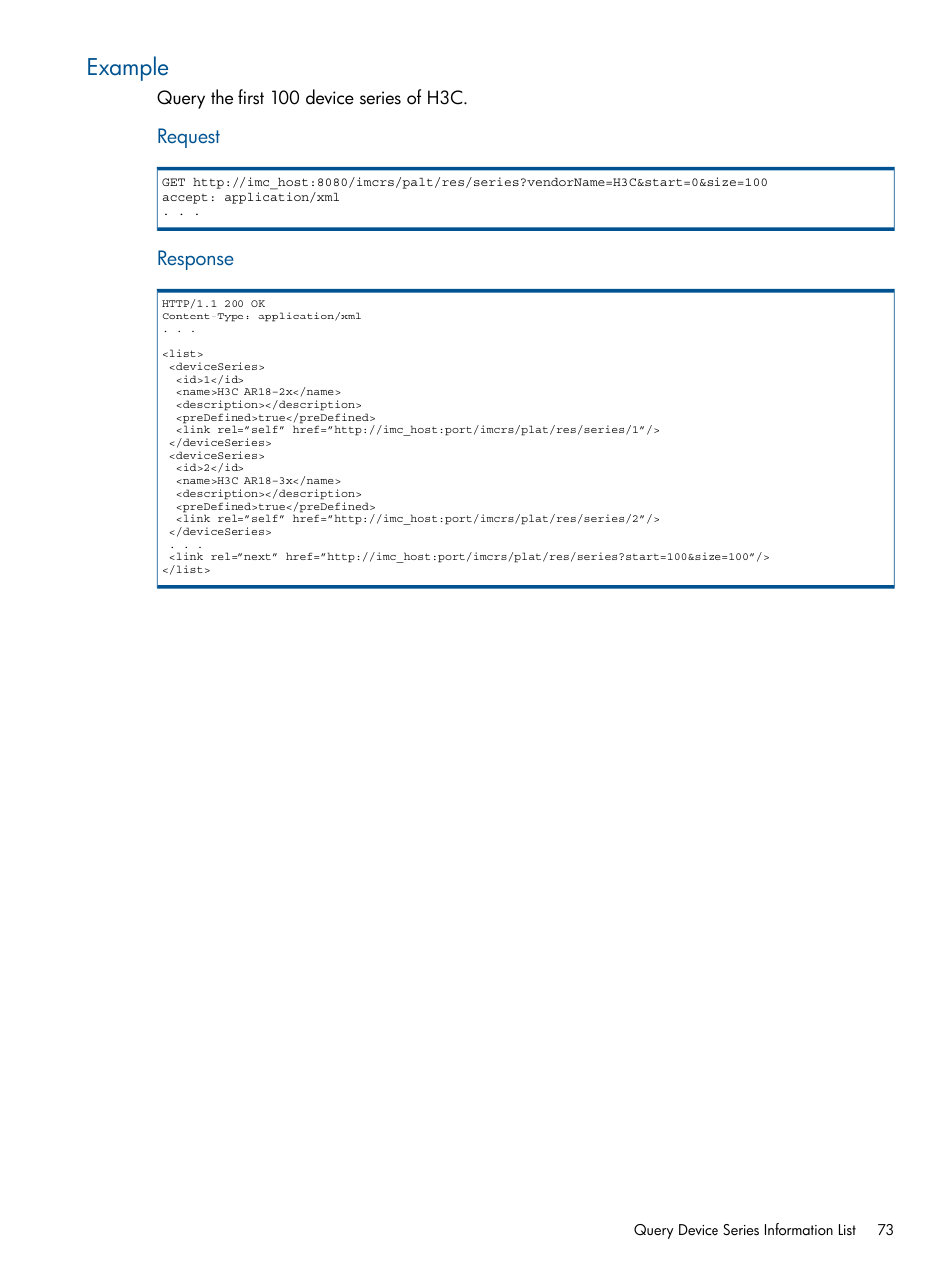 Example, Request, Response | HP Intelligent Management Center Licenses User Manual | Page 73 / 438