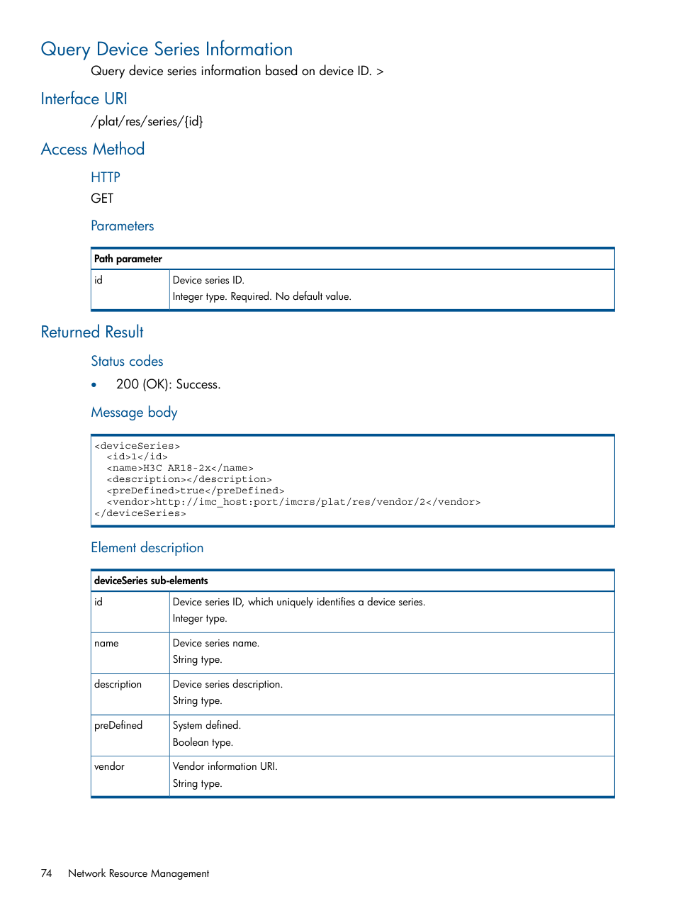 Query device series information, Interface uri, Access method | Returned result, Interface uri access method returned result | HP Intelligent Management Center Licenses User Manual | Page 74 / 438