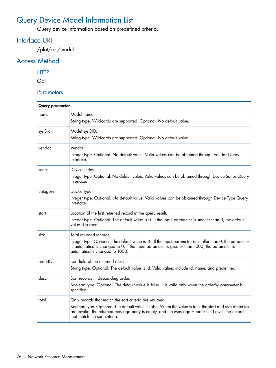 Query device model information list, Interface uri, Access method | Interface uri access method, Parameters | HP Intelligent Management Center Licenses User Manual | Page 76 / 438