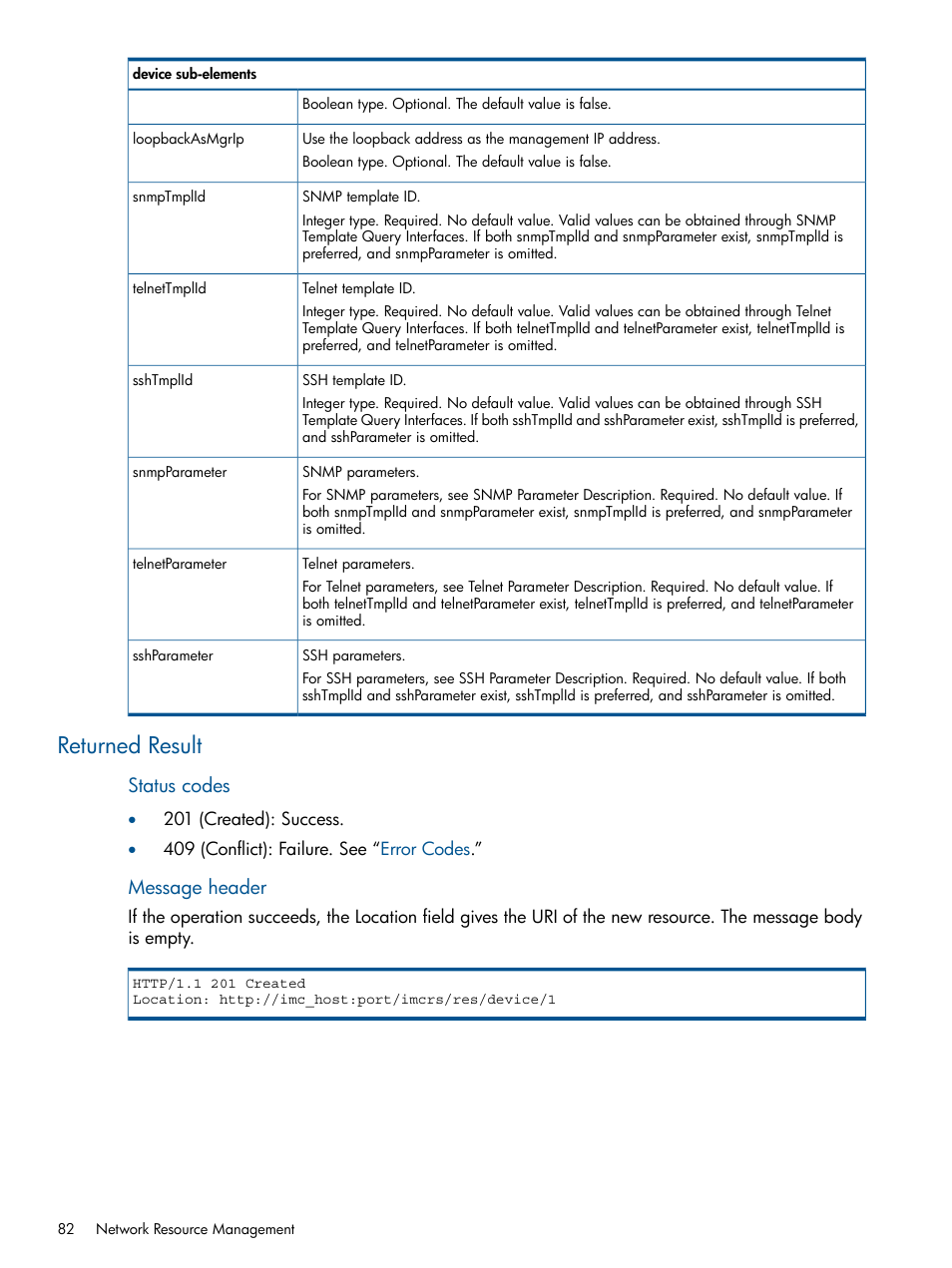 Returned result, Status codes, Message header | HP Intelligent Management Center Licenses User Manual | Page 82 / 438