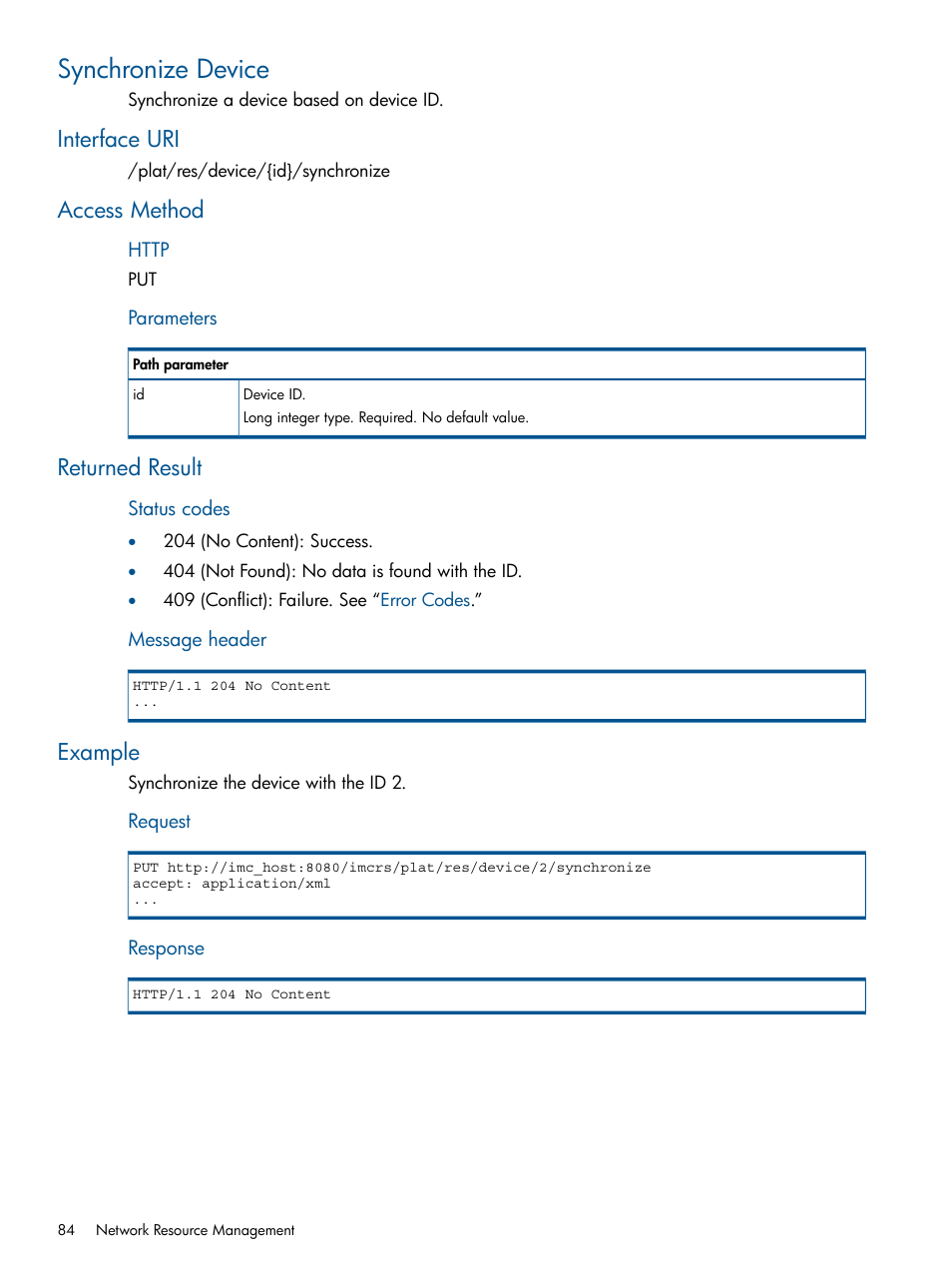 Synchronize device, Interface uri, Access method | Returned result, Example | HP Intelligent Management Center Licenses User Manual | Page 84 / 438