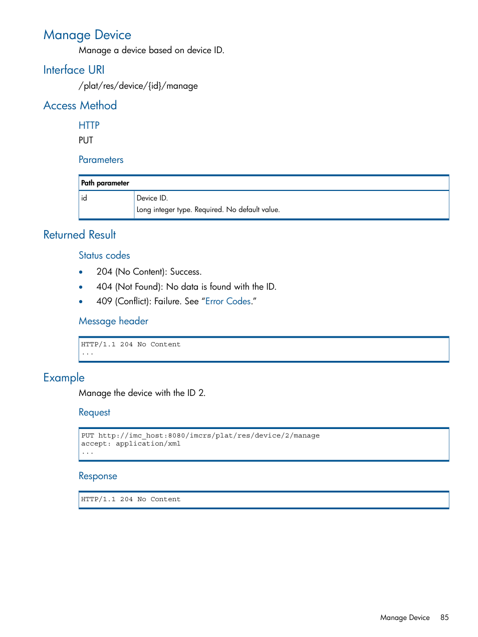 Manage device, Interface uri, Access method | Returned result, Example | HP Intelligent Management Center Licenses User Manual | Page 85 / 438