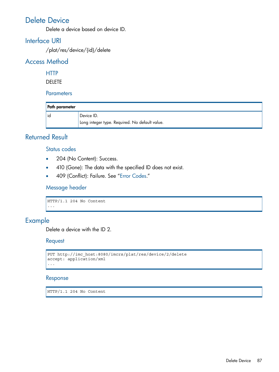 Delete device, Interface uri, Access method | Returned result, Example, Interface uri access method, Returned result example | HP Intelligent Management Center Licenses User Manual | Page 87 / 438