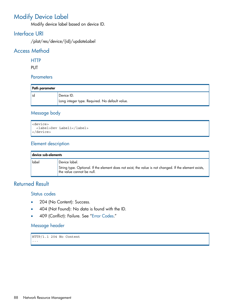 Modify device label, Interface uri, Access method | Returned result, Interface uri access method returned result | HP Intelligent Management Center Licenses User Manual | Page 88 / 438