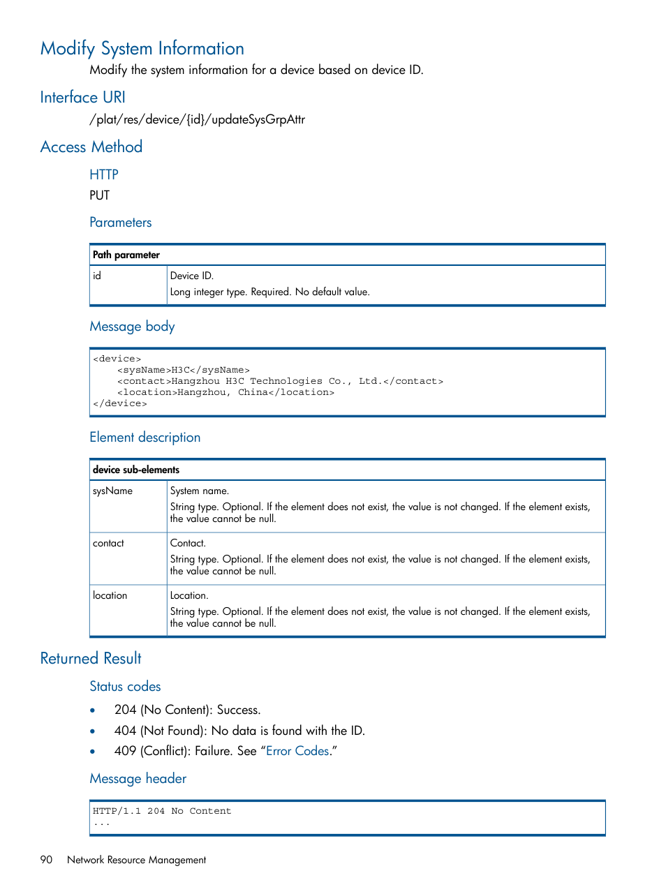 Modify system information, Interface uri, Access method | Returned result, Interface uri access method returned result | HP Intelligent Management Center Licenses User Manual | Page 90 / 438