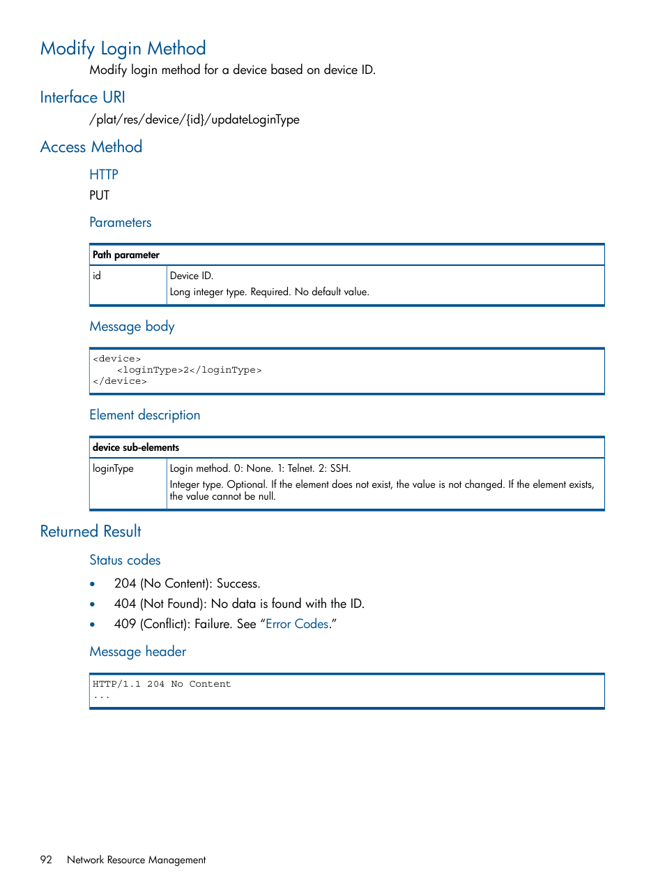 Modify login method, Interface uri, Access method | Returned result, Interface uri access method returned result | HP Intelligent Management Center Licenses User Manual | Page 92 / 438