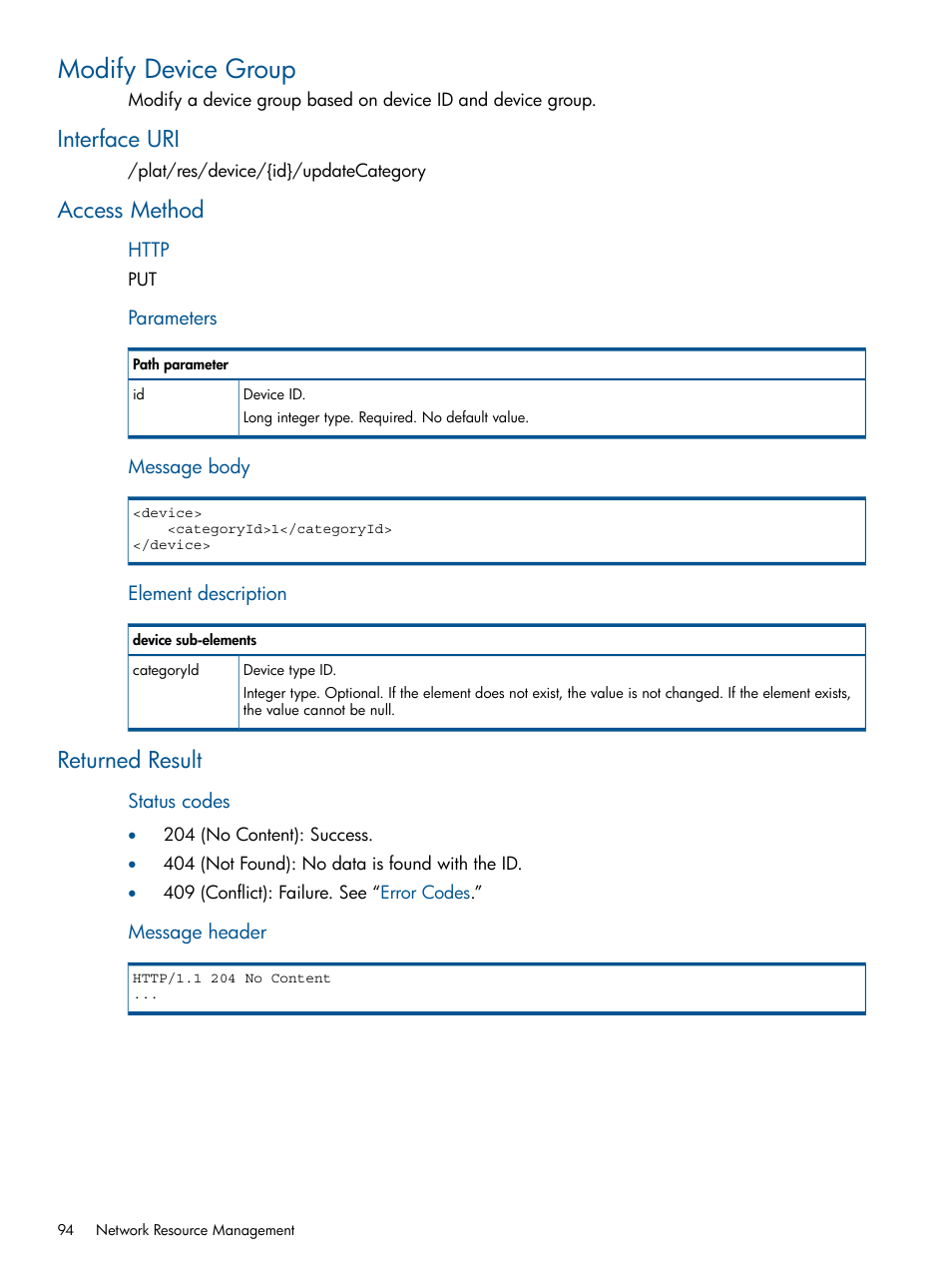 Modify device group, Interface uri, Access method | Returned result, Interface uri access method returned result | HP Intelligent Management Center Licenses User Manual | Page 94 / 438