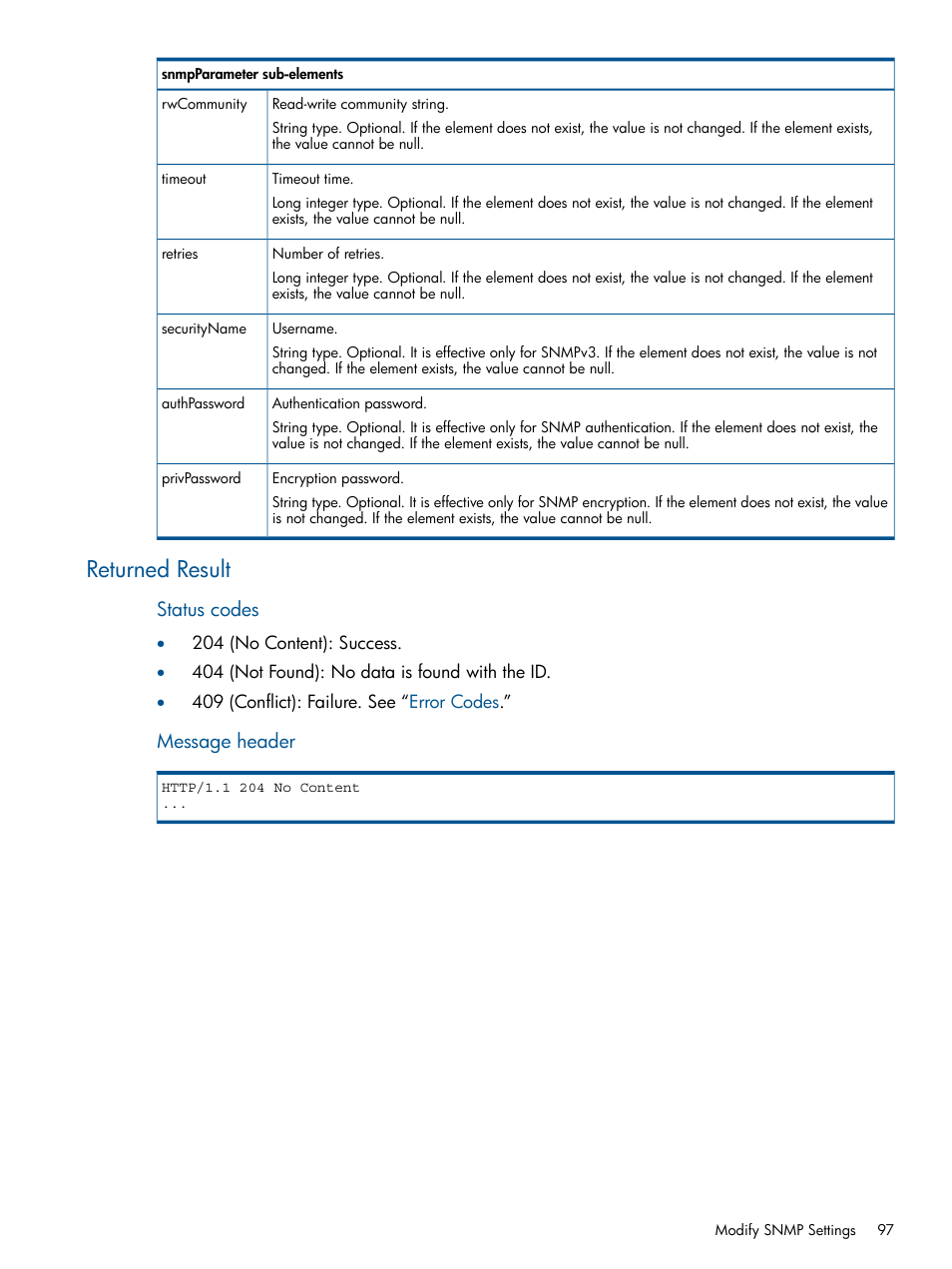 Returned result, Status codes, Message header | HP Intelligent Management Center Licenses User Manual | Page 97 / 438