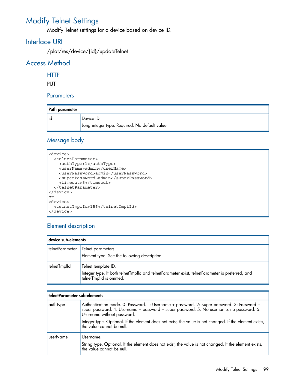 Modify telnet settings, Interface uri, Access method | Interface uri access method | HP Intelligent Management Center Licenses User Manual | Page 99 / 438