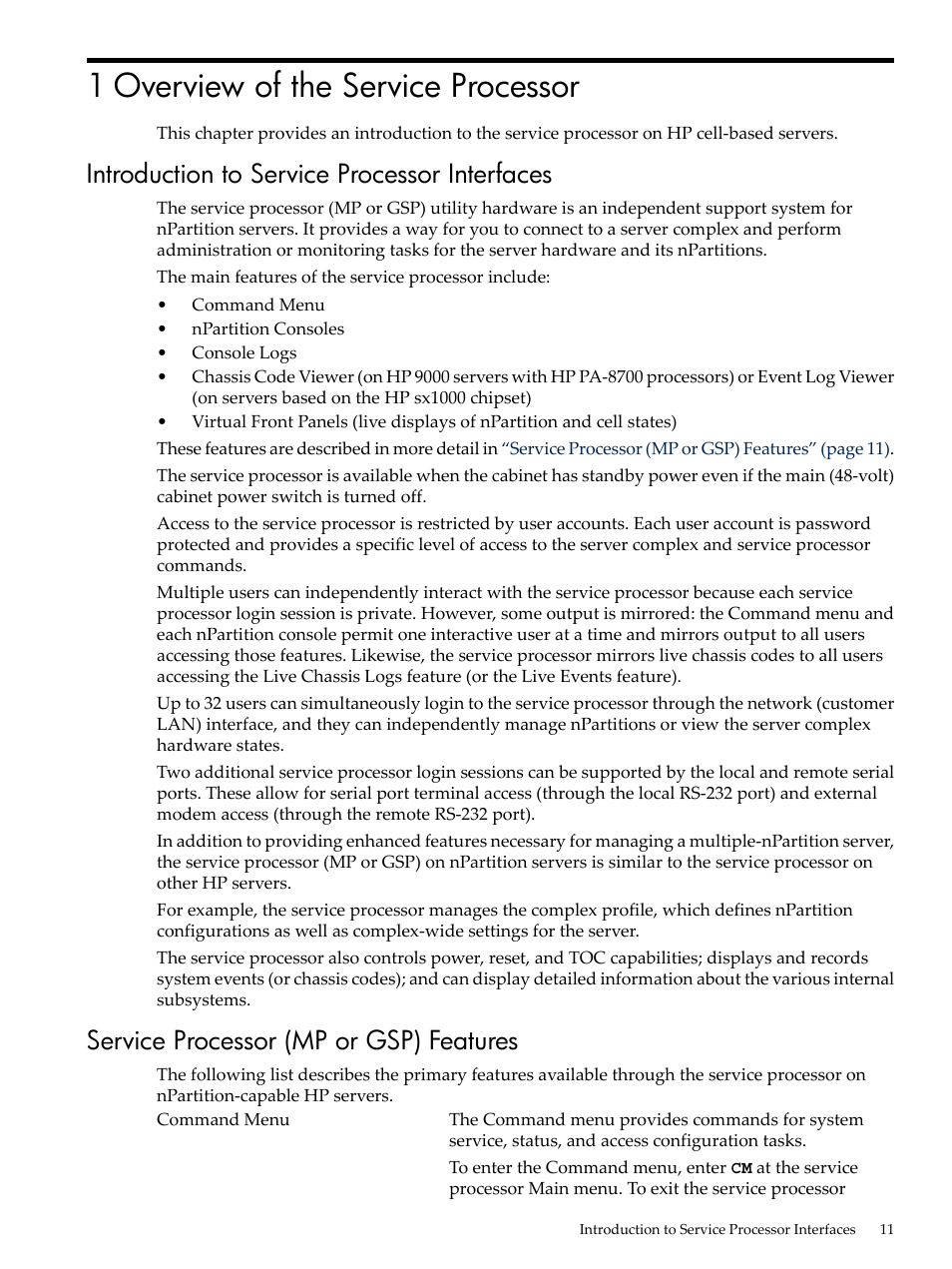 1 overview of the service processor, Introduction to service processor interfaces, Service processor (mp or gsp) features | HP Integrity rx7620 Server User Manual | Page 11 / 38