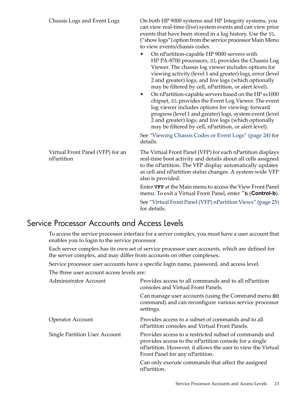 Service processor accounts and access levels, Service processor accounts and access | HP Integrity rx7620 Server User Manual | Page 13 / 38