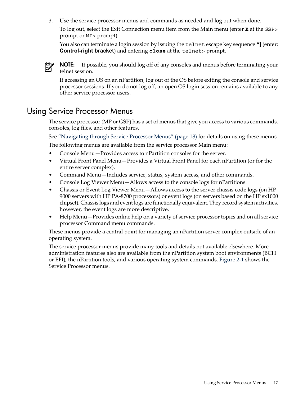 Using service processor menus | HP Integrity rx7620 Server User Manual | Page 17 / 38