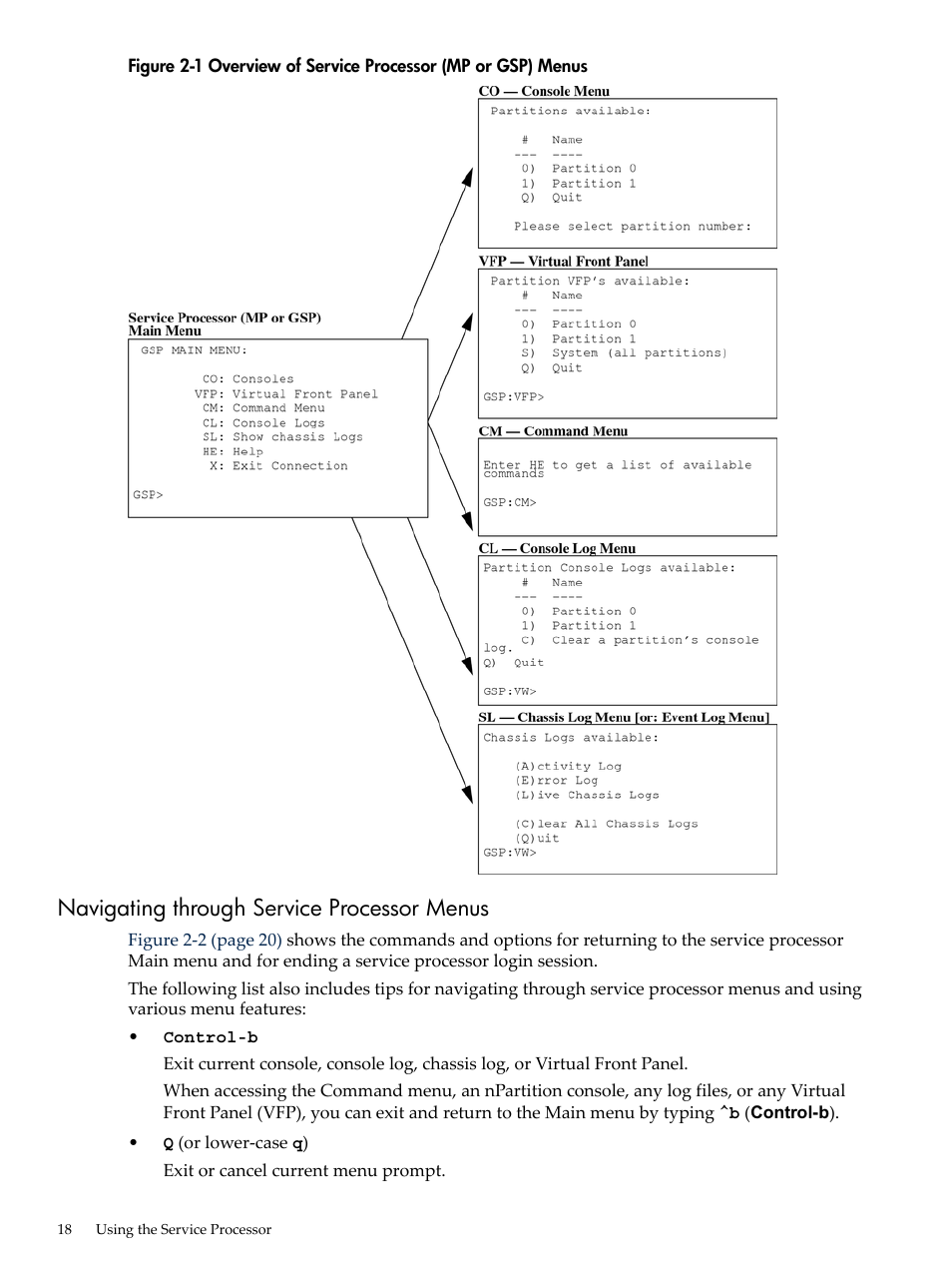 Navigating through service processor menus, Overview of service processor (mp or gsp) menus | HP Integrity rx7620 Server User Manual | Page 18 / 38