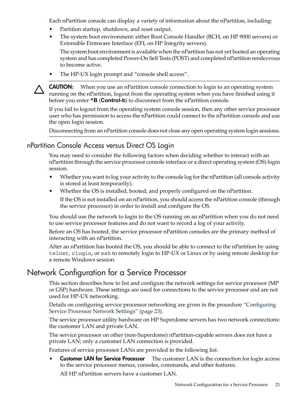 Npartition console access versus direct os login, Network configuration for a service processor | HP Integrity rx7620 Server User Manual | Page 21 / 38