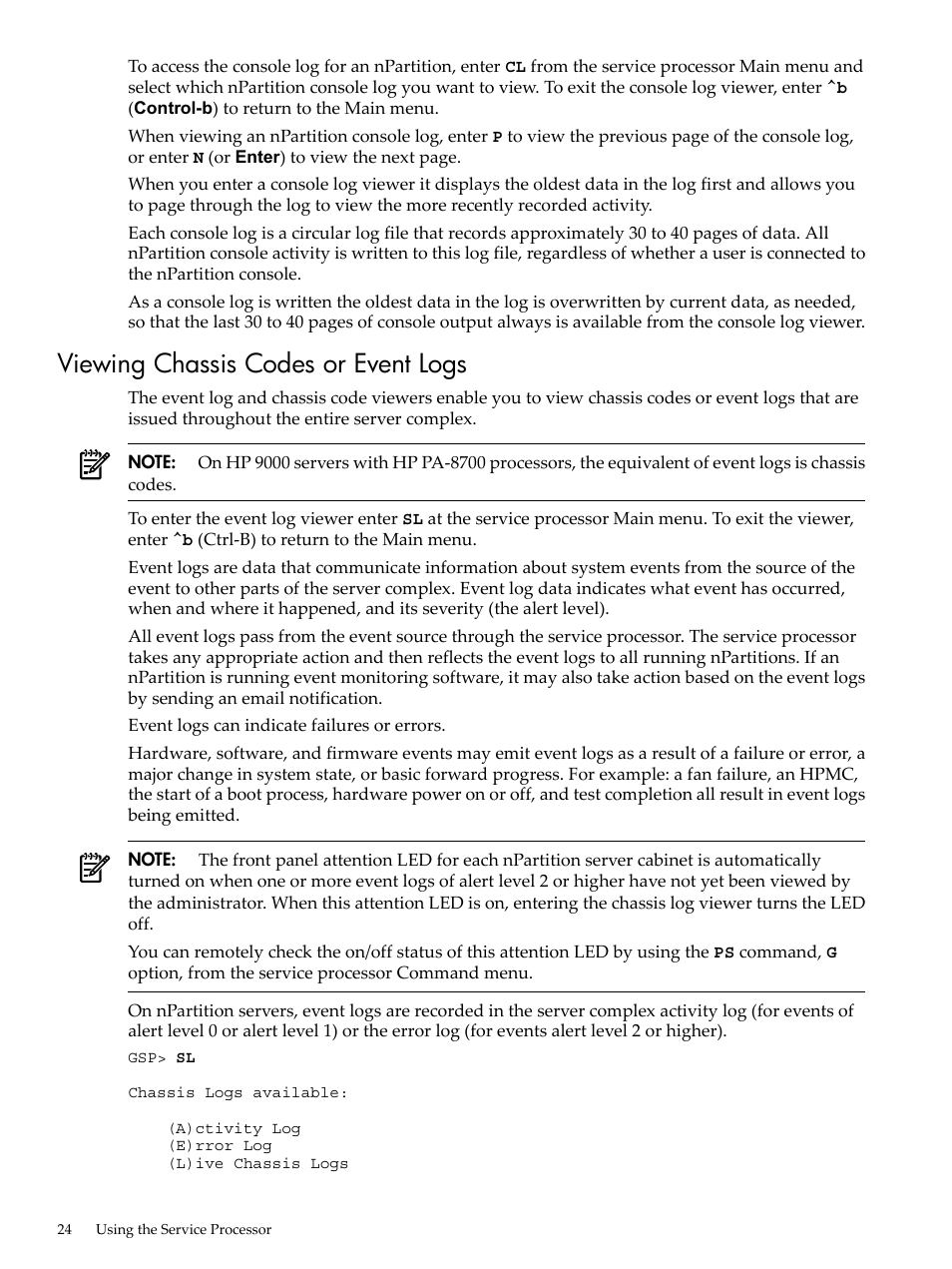 Viewing chassis codes or event logs | HP Integrity rx7620 Server User Manual | Page 24 / 38