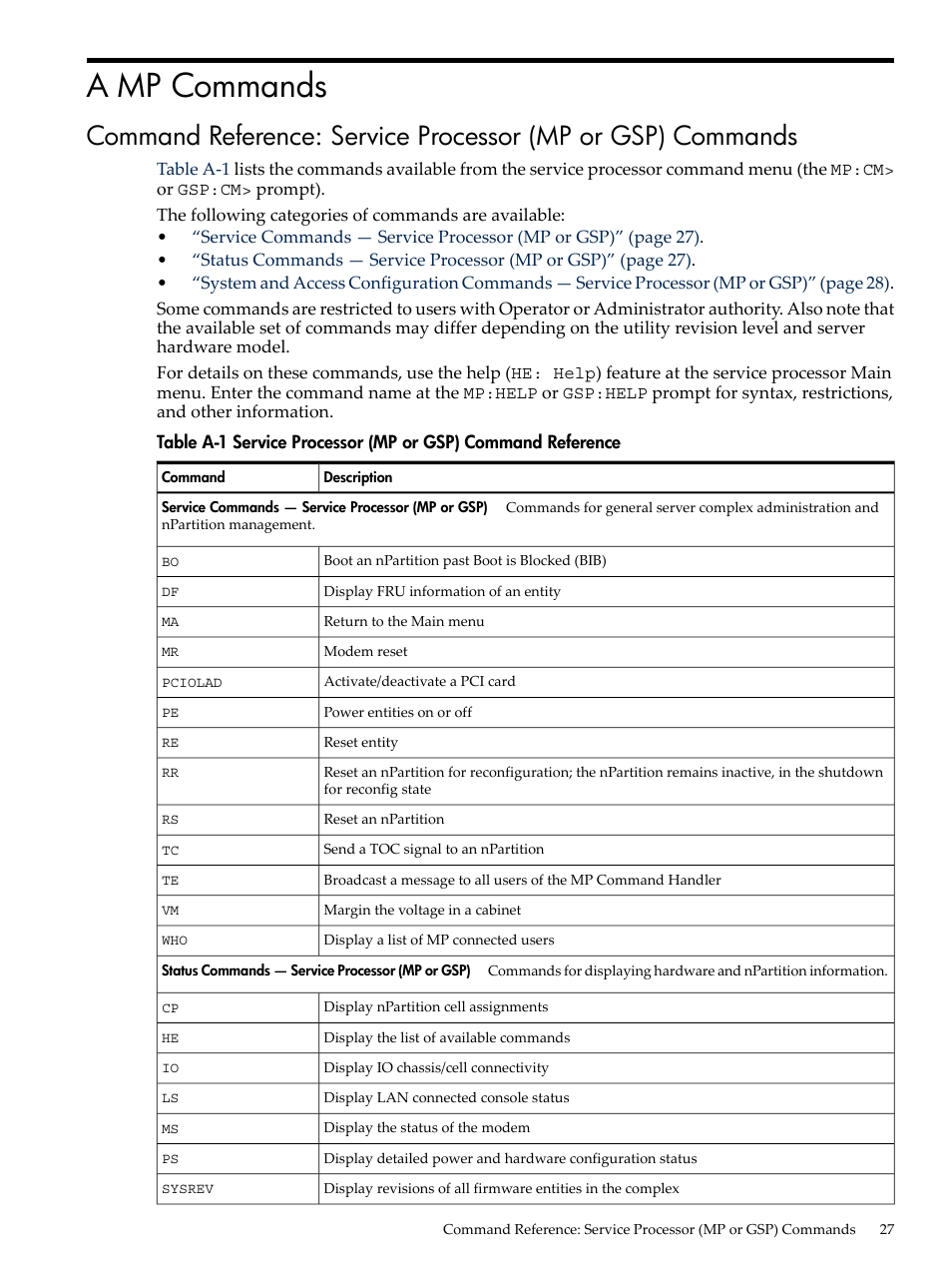 A mp commands, Service processor (mp or gsp) command reference | HP Integrity rx7620 Server User Manual | Page 27 / 38