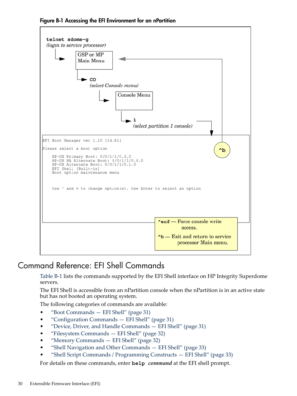 Command reference: efi shell commands, Accessing the efi environment for an npartition | HP Integrity rx7620 Server User Manual | Page 30 / 38