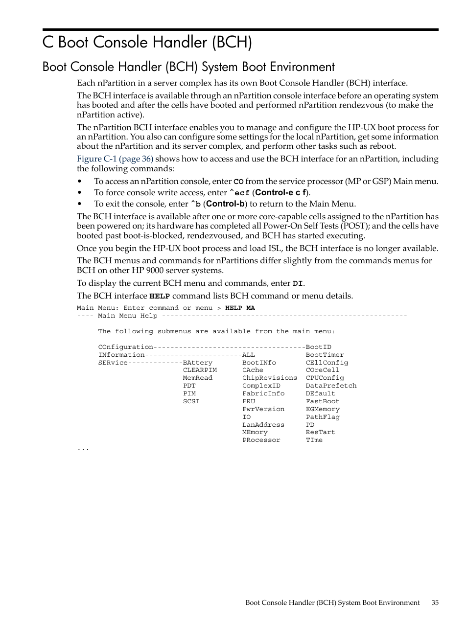 C boot console handler (bch), Boot console handler (bch) system boot environment | HP Integrity rx7620 Server User Manual | Page 35 / 38