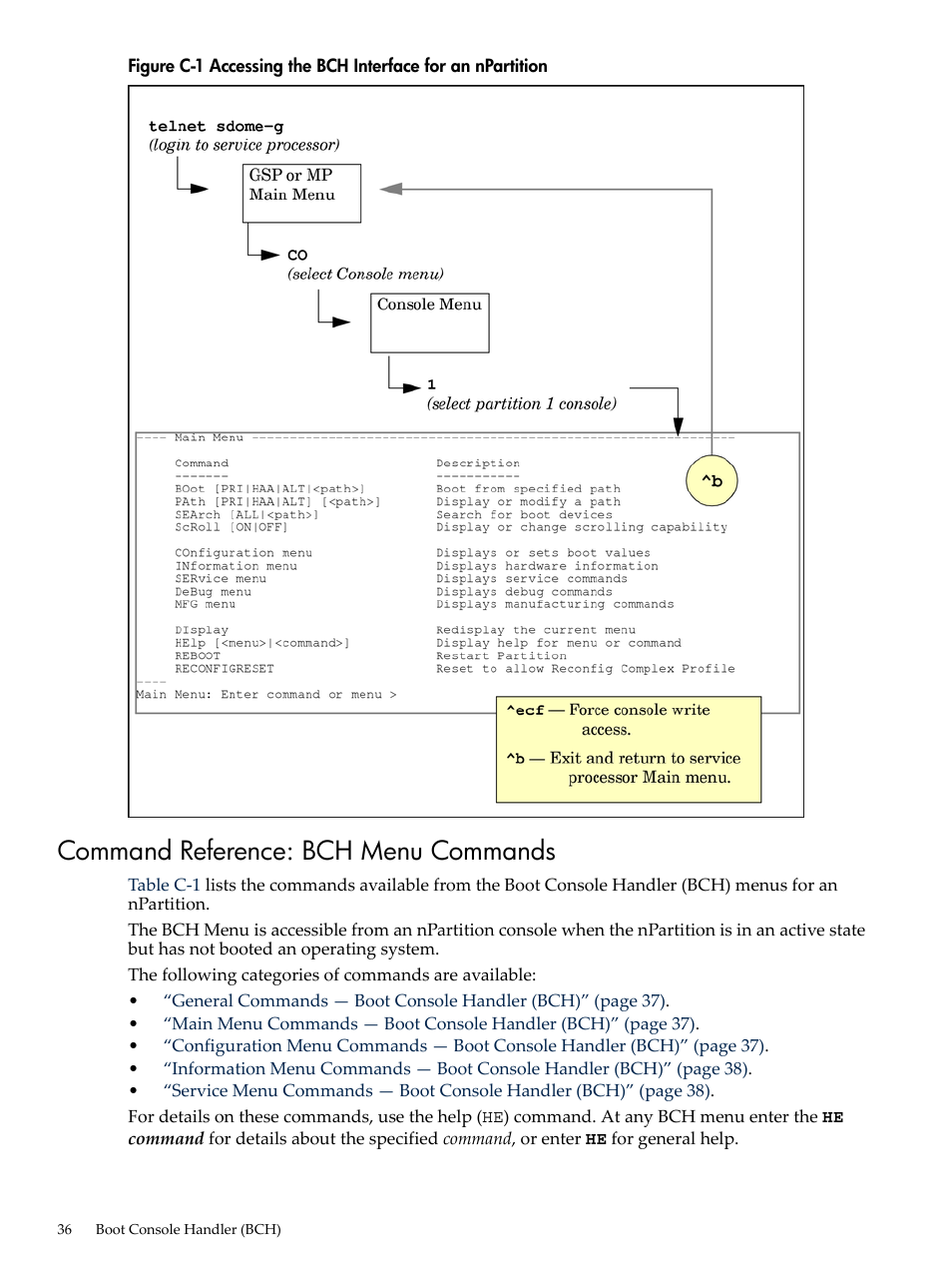 Command reference: bch menu commands, Accessing the bch interface for an npartition | HP Integrity rx7620 Server User Manual | Page 36 / 38