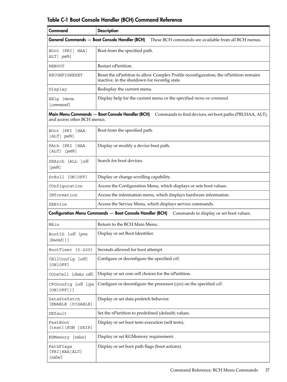 Boot console handler (bch) command reference, Table c-1 | HP Integrity rx7620 Server User Manual | Page 37 / 38