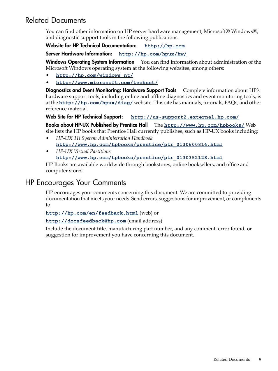 Related documents, Hp encourages your comments, Related documents hp encourages your comments | HP Integrity rx7620 Server User Manual | Page 9 / 38