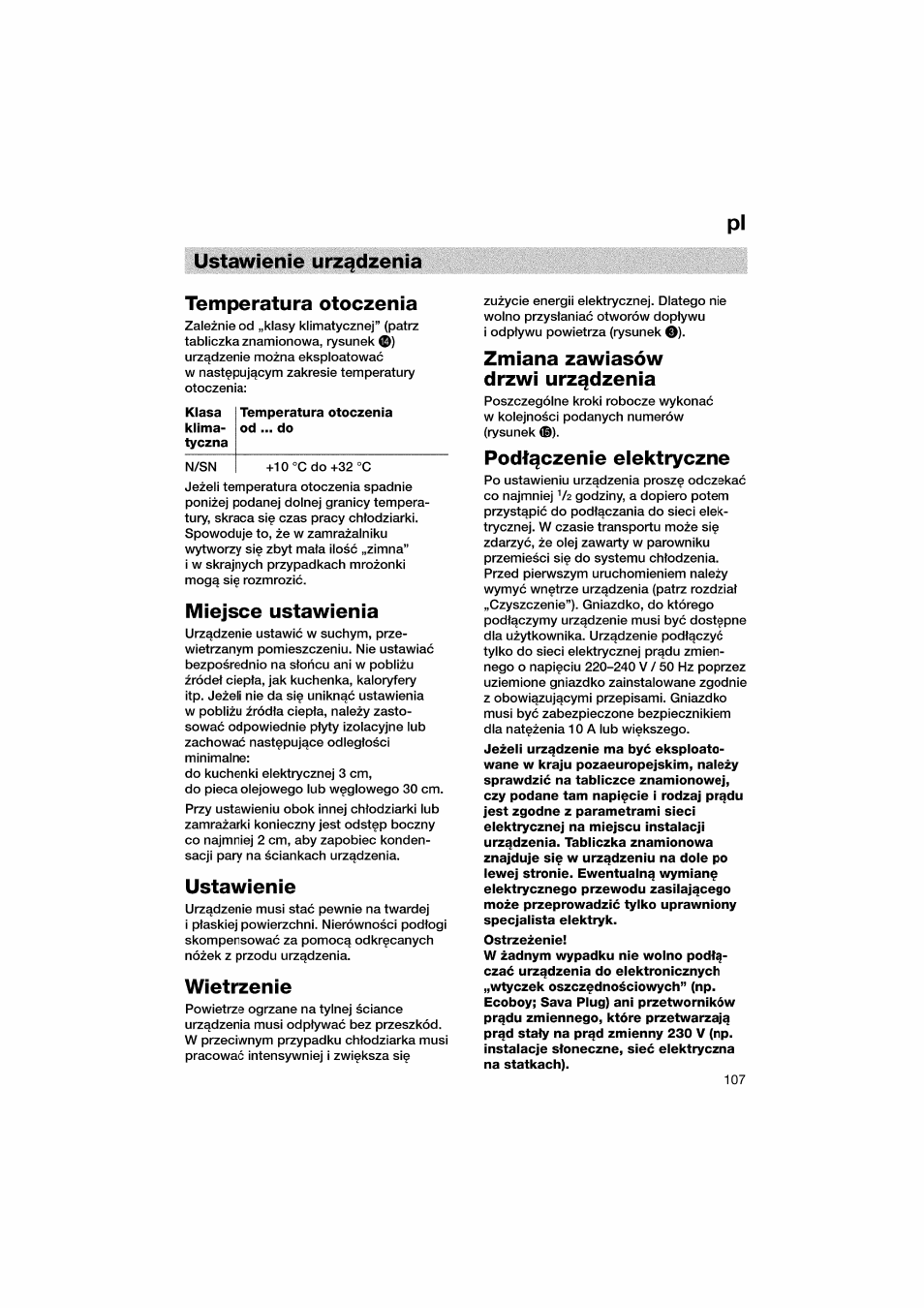 Ustawienie urzqdzenia, Temperatura otoczenia, Temperatura otoczenia od ... do | Miejsce ustawienia, Ustawienie, Wietrzenie, Zmiana zawiasów drzwi urz^dzenia, Podt^czenie elektryczne, Ustawienie urzqdzenia pi temperatura otoczenia | Bosch KGV36610 User Manual | Page 107 / 141